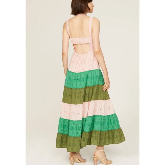 Slate & Willow Green Pink Tiered Ruffle Maxi Dress Size 0 Eyelet Cotton $310 - Picture 2 of 10